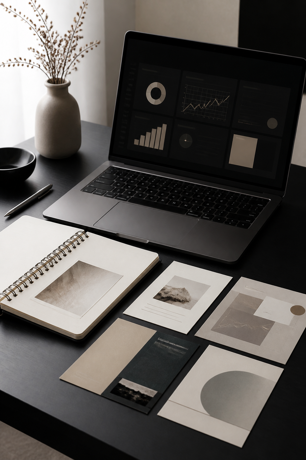 Hochwertiger Marketing-Workspace mit Strategie- und Analytics-Elementen